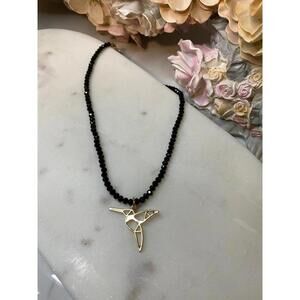 Humming bird necklace - gold geometric humming bird black crystals